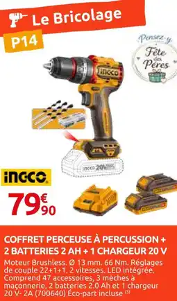 Rural Master Ingco coffret perceuse à percussion + 2 batteries 2 ah + 1 chargeur 20 v offre