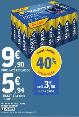 E.Leclerc VARTA Lot de 24 piles alcaline longlife power offre