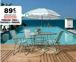 Centrakor Terrasse: table + fauteuils + parasol offre