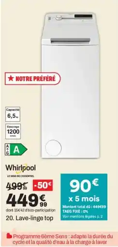 BUT WHIRPOOL Lave-linge top offre