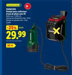 Lidl PARKSIDE Pompe pour collecteur d'eau de pluie sans fil offre