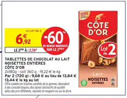 Intermarché Côte d'or tablettes de chocolat au lait noisettes entières offre