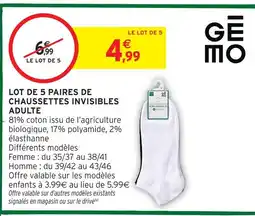 Intermarché Gemo lot de 5 paires de chaussettes invisibles adulte offre