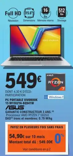 E.Leclerc ASUS Pc portable vivobook 15 m1502ya-bq941w offre