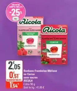 G20 Ricola - bonbons framboise melisse ou cerise sans sucres offre