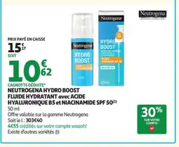Auchan Hydro boost fluide hydratant avec acide hyaluronique b5 et niacinamide spf 50 offre