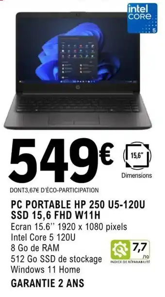 Pc portable hp 250 u5-120u ssd 15,6 fhd w11h