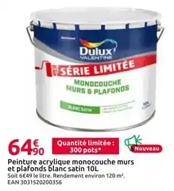 Mr Bricolage Peinture acrylique monocouche murs et plafonds blanc satin offre