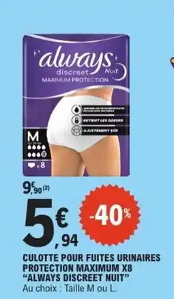 E.Leclerc ALWAYS Culotte pour fuites urinaires protection maximum x8 discreet nuit offre