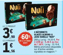 E.Leclerc Nuii 4 bâtonnets glacés almond & java vanilla offre