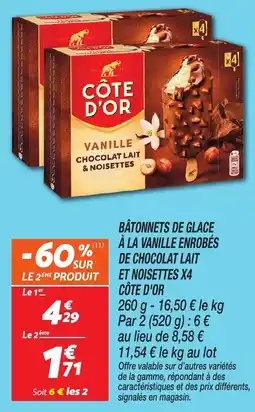 Netto Bâtonnets de glace à la vanille enrobés de chocolat lait et noisettes x4 côte d'or offre