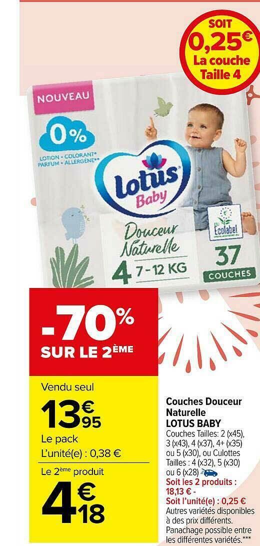 Promo Couches Douceur Naturelle Lotus Baby chez Carrefour Market