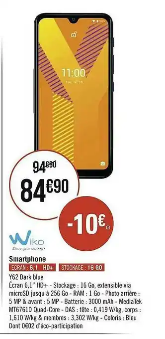 Casino Supermarchés Smartphone Y62 Dark Blue Wiko offre