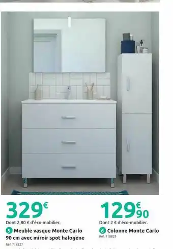 Meuble Vasque Monte Carlo 90 Cm Avec Miroir Spot Halogène, Colonne Monte Carlo