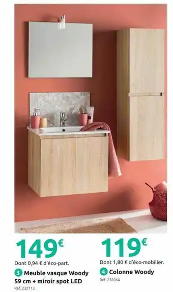 Mr Bricolage Meuble Vasque Woody 59 Cm + Miroir Spot Led, Colonne Woody offre