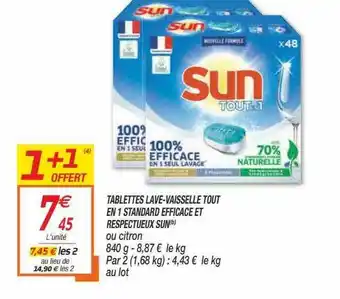 Netto Tablettes Lave-vaisselel Tout En 1 Standard Efficace Et Respectueux Sun 1+1 Offert offre