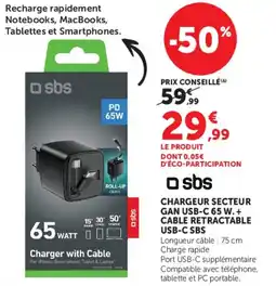 Super U CHARGEUR SECTEUR GAN USB-C 65 W. + CABLE RETRACTABLE USB-C SBS offre