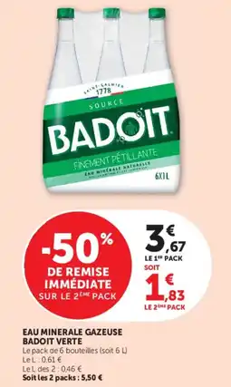 Super U EAU MINERALE GAZEUSE BADOIT VERTE offre