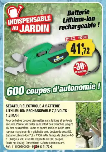 Outiror Sécateur électrique à Batterie Lithium-ion Rechargeable 7,2 Volts - 1,3 Mah offre