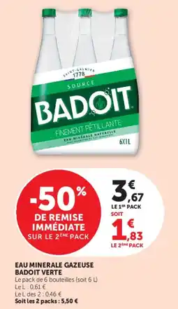 Hyper U Eau minerale gazeuse badoit verte offre
