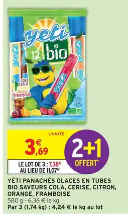 Intermarché Yéti panachés glaces en tubes bio saveurs cola, cerise, citron, orange, framboise offre