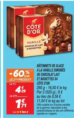 Netto Côte d'or bâtonnets de glace à la vanille enrobés de chocolat lait et noisettes x4 offre