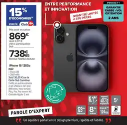 Carrefour iPhone 16 128Go noir offre
