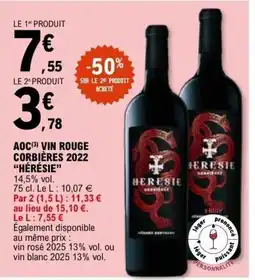 E.Leclerc HÉRÉSIE Aoc vin rouge corbières 2022 offre