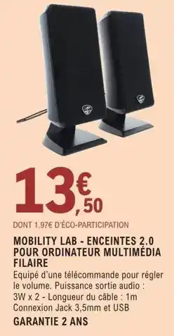 E.Leclerc Mobility lab - enceintes 2.0 pour ordinateur multimédia filaire offre