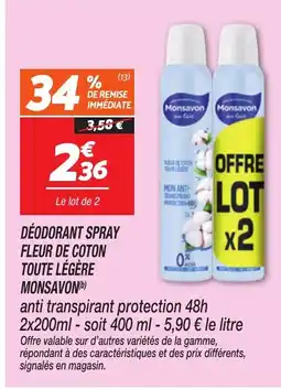 Netto MONSAVON Déodorant spray fleur de coton toute légère offre
