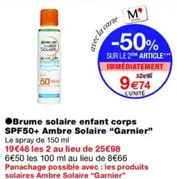 Monoprix GARNIER Brume solaire enfant corps SPF50+ Ambre Solaire offre
