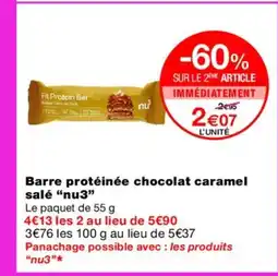 Monoprix NU3 Barre protéinée chocolat caramel salé offre