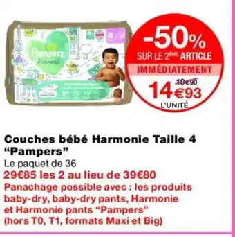 Monoprix PAMPERS Couches bébé Harmonie Taille 4 offre