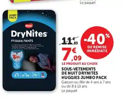 Hyper U SOUS-VETEMENTS DE NUIT DRYNITES HUGGIES JUMBO PACK offre