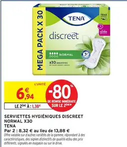 Intermarché TENA Serviettes hygiéniques discreet normal x30 offre