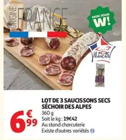 Auchan Lot de 3 saucissons secs séchoir des alpes offre