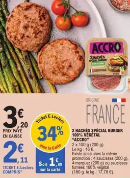 E.Leclerc 2 hachés spécial burger 100% végétal accro offre