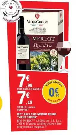 E.Leclerc VIEUX CARION Igp pays d'oc merlot rouge offre
