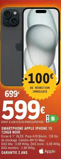 E.Leclerc Espace Culturel SMARTPHONE APPLE IPHONE 15 128GB NOIR offre