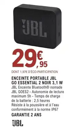 E.Leclerc Espace Culturel ENCEINTE PORTABLE JBL GO ESSENTIAL 2 NOIR 3,1 W offre