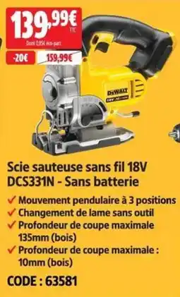 Screwfix Scie sauteuse sans fil 18V DCS331N - Sans batterie offre