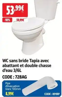Screwfix WC sans bride Tapia avec abattant et double chasse d'eau 3/6L offre