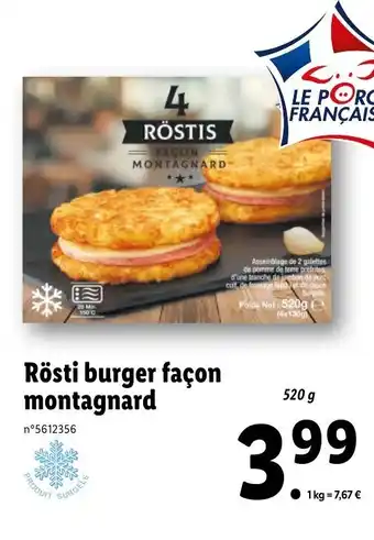 Lidl Rösti burger façon montagnard offre