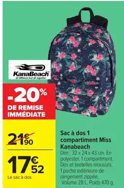 Carrefour Sac à dos 1 compartiment miss kanabeach offre