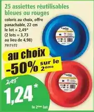 Norma 25 assiettes réutilisables bleues ou rouges offre