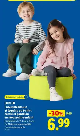 Lidl LUPILU Ensemble blouse et legging ou t-shirt côtelé et pantalon en mousseline enfant offre