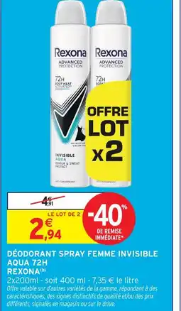 Intermarché Rexona déodorant spray femme invisible aqua 72h offre