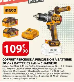 Rural Master Ingco coffret perceuse à percussion à batterie 20 v + 2 batteries 4 ah + chargeur offre