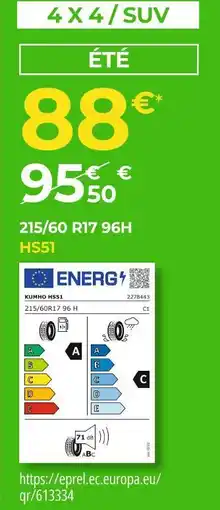 Euromaster Kumho tire 215/60 r17 96h hs51 offre
