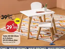 Maxi Bazar Alex table 58×38×43cm et 2 chaises 29×31×50cm offre